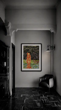 a black and white room with a painting on the wall